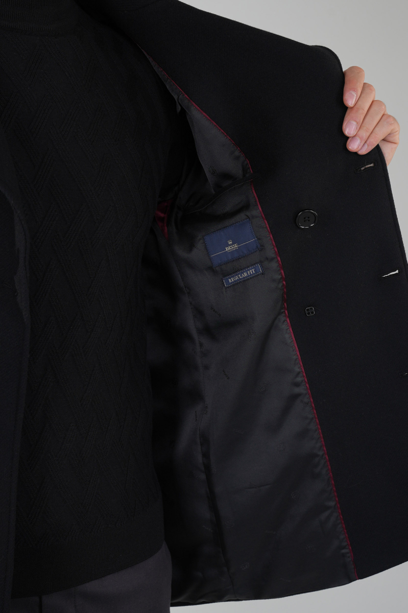 Kruvaze Düğme Detaylı Siyah Erkek Kaban - 4