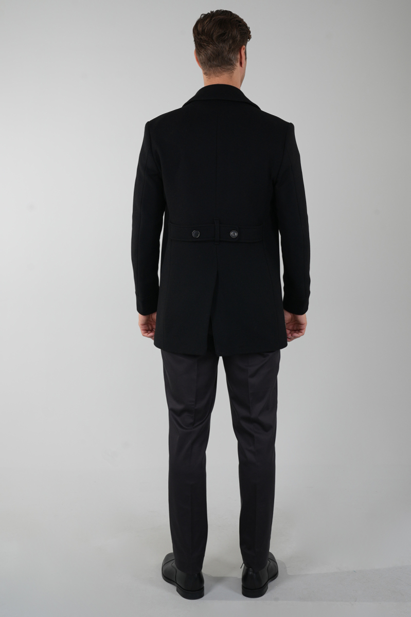 Kruvaze Düğme Detaylı Siyah Erkek Kaban (1)