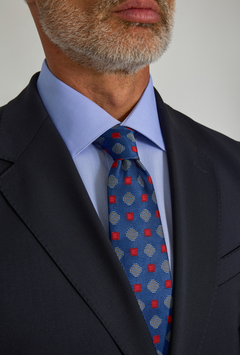 Lacivert Dokuma Mono Yaka Çift Yırtmaçlı 6 Drop Yün Klasik Takım Elbise - 4