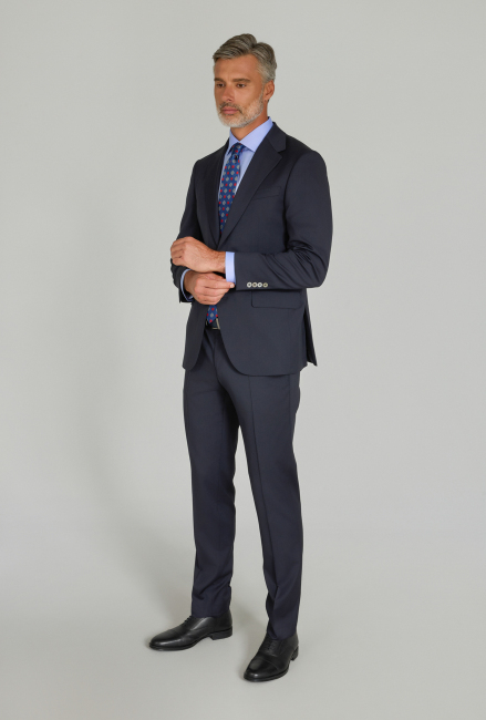 Lacivert Dokuma Mono Yaka Çift Yırtmaçlı 6 Drop Yün Klasik Takım Elbise (1)