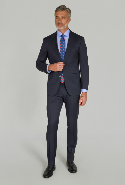 Lacivert Dokuma Mono Yaka Çift Yırtmaçlı 6 Drop Yün Klasik Takım Elbise