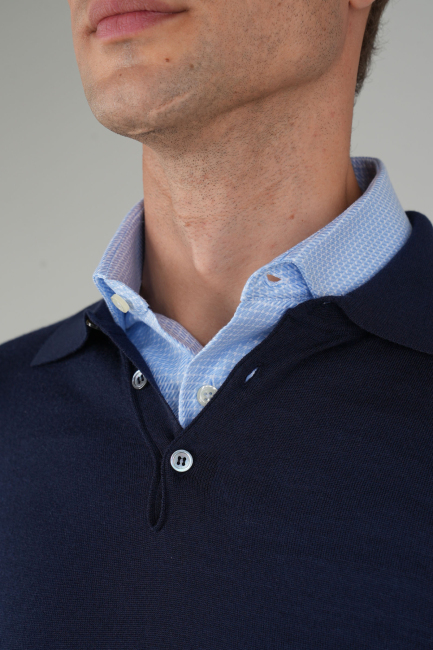 Lacivert Düğmeli Polo Yaka Erkek Yün Triko - 3