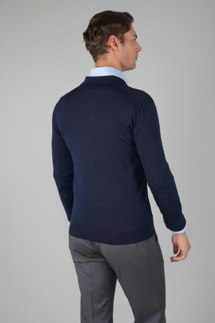 Lacivert Düğmeli Polo Yaka Erkek Yün Triko (1)