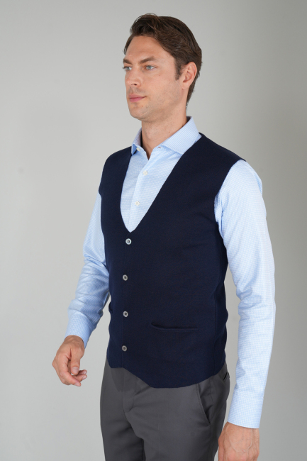 Lacivert Düz Triko Yün Erkek Yelek - 3