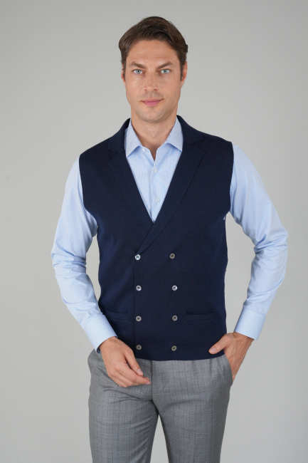 Lacivert Kruvaze Yün Erkek Yelek