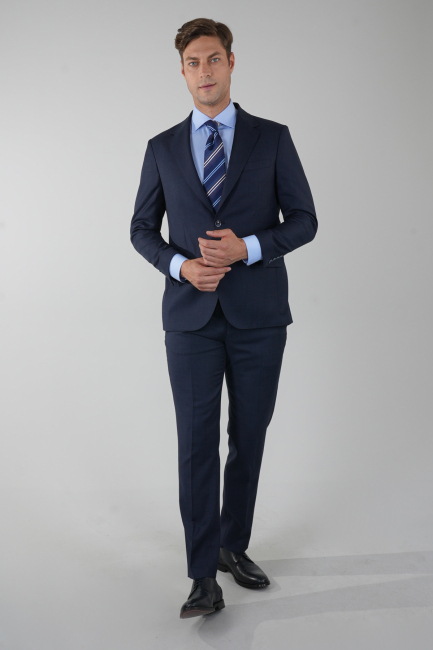 Lacivert Mono Yaka Çift Yırtmaçlı 4 Drop Yün Takım Elbise