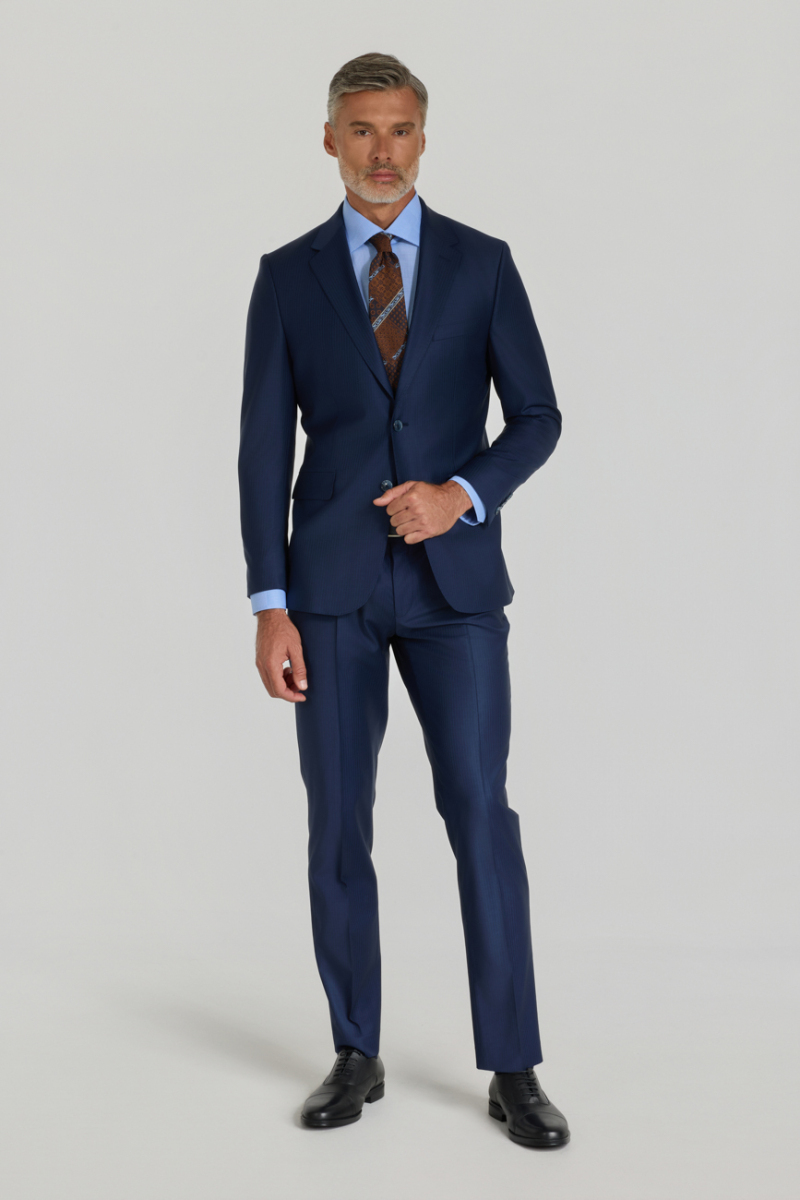 Lacivert Mono Yaka Çift Yırtmaçlı 6 Drop Yün Slim Fit Takım Elbise