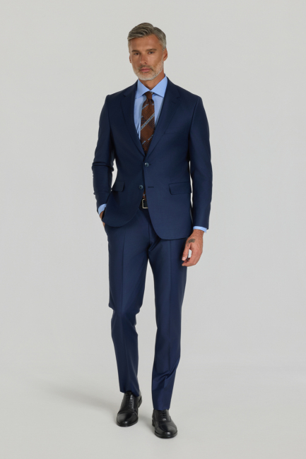 Lacivert Mono Yaka Çift Yırtmaçlı 6 Drop Yün Slim Fit Takım Elbise - 2