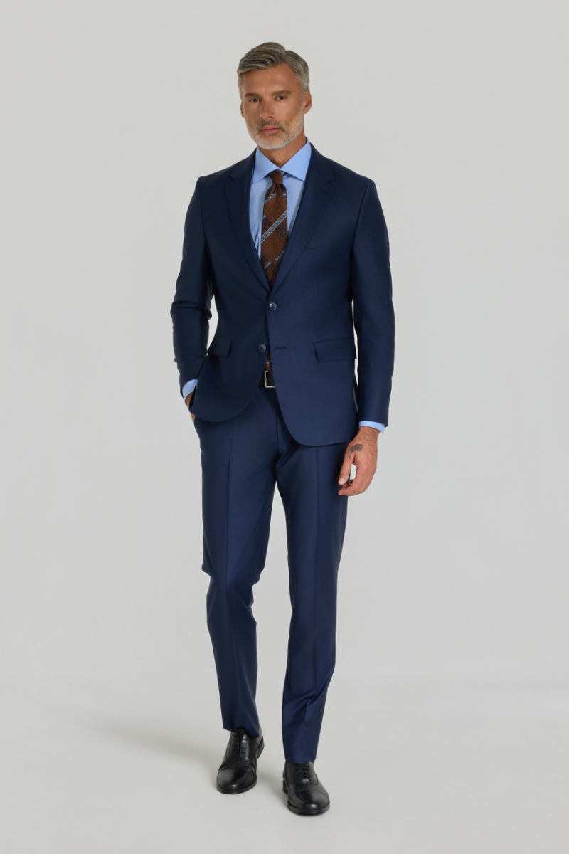 Lacivert Mono Yaka Çift Yırtmaçlı 6 Drop Yün Slim Fit Takım Elbise (1)