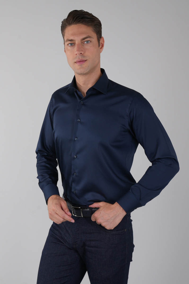 Lacivert Uzun Kol Klasik Yaka Cepsiz Saten Erkek Gömlek   - 1