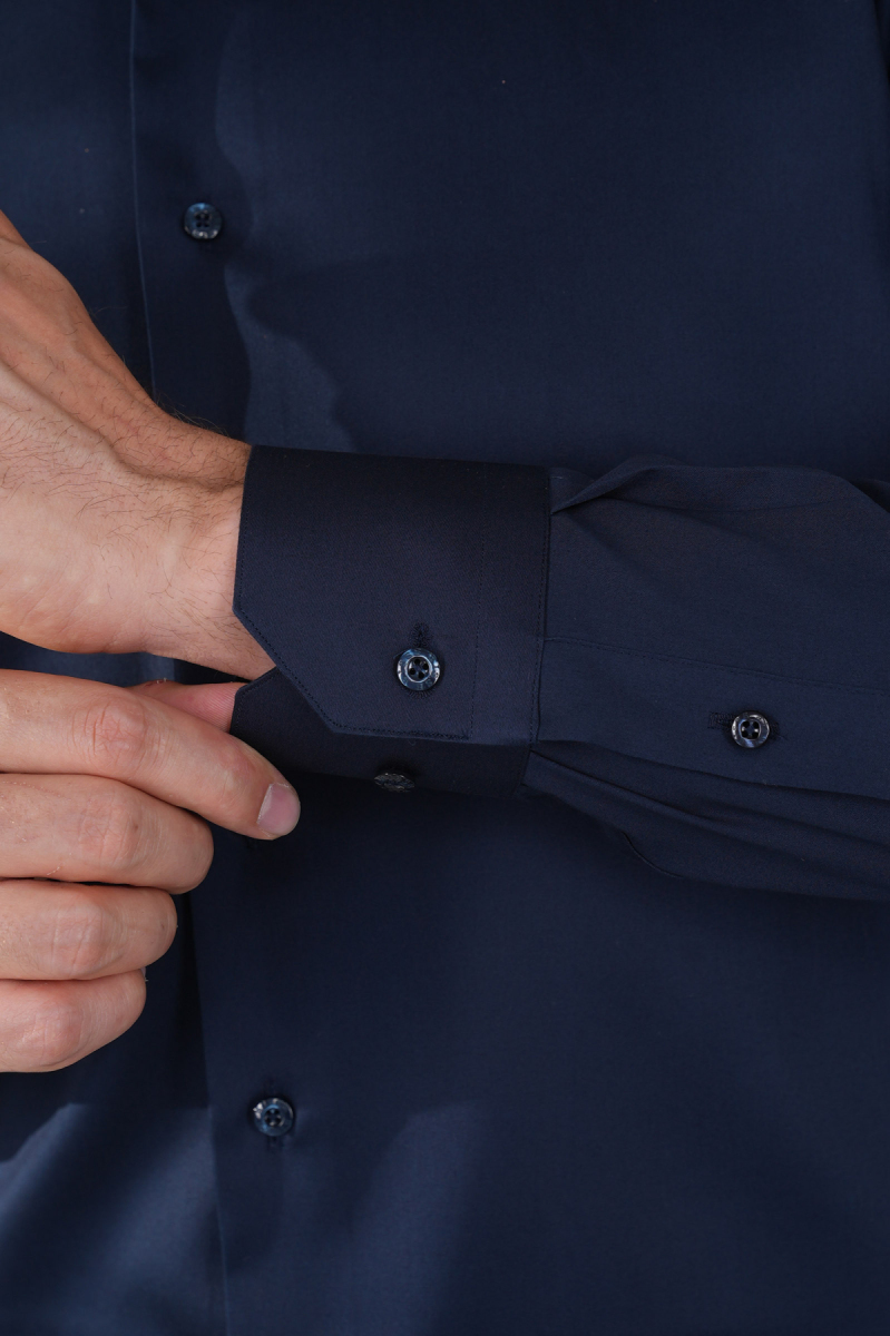 Lacivert Uzun Kol Klasik Yaka Cepsiz Saten Erkek Gömlek   - 4