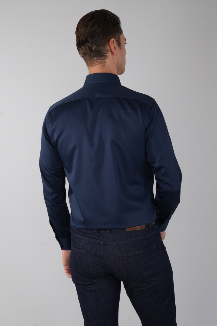 Lacivert Uzun Kol Klasik Yaka Cepsiz Saten Erkek Gömlek   - 2