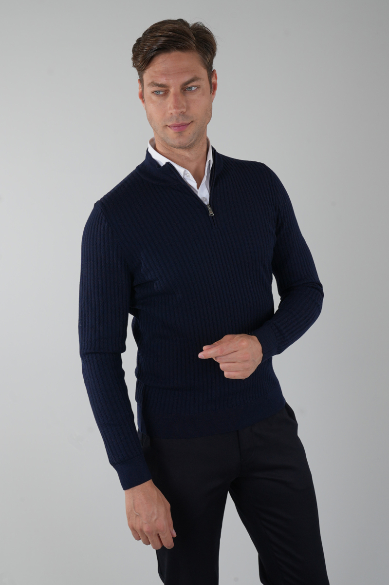 Lacivert Yarım Balıkçı Fermuarlı Full Jakar Yün Erkek Triko - 1
