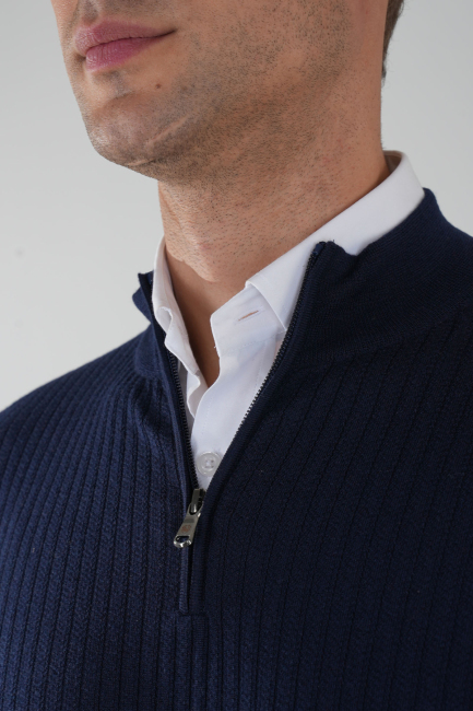 Lacivert Yarım Balıkçı Fermuarlı Full Jakar Yün Erkek Triko - 3