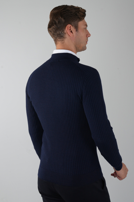 Lacivert Yarım Balıkçı Fermuarlı Full Jakar Yün Erkek Triko (1)