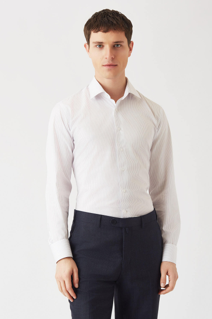 Lila Pamuk Çizgili Klasik Erkek Gömlek - 3