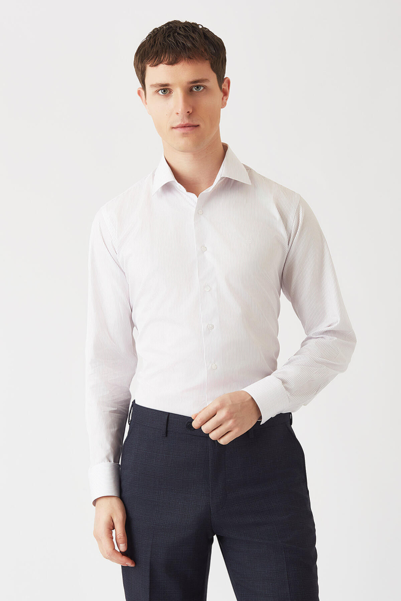 Lila Pamuk Çizgili Klasik Erkek Gömlek - 1