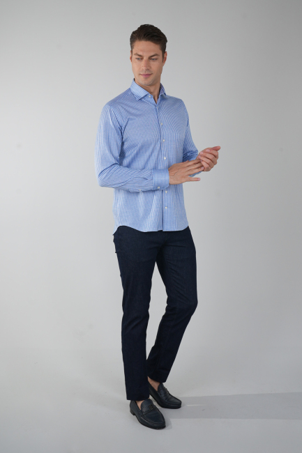 Mavi Uzun Kol İtalyan Yaka Cepsiz Erkek Gömlek   - 5