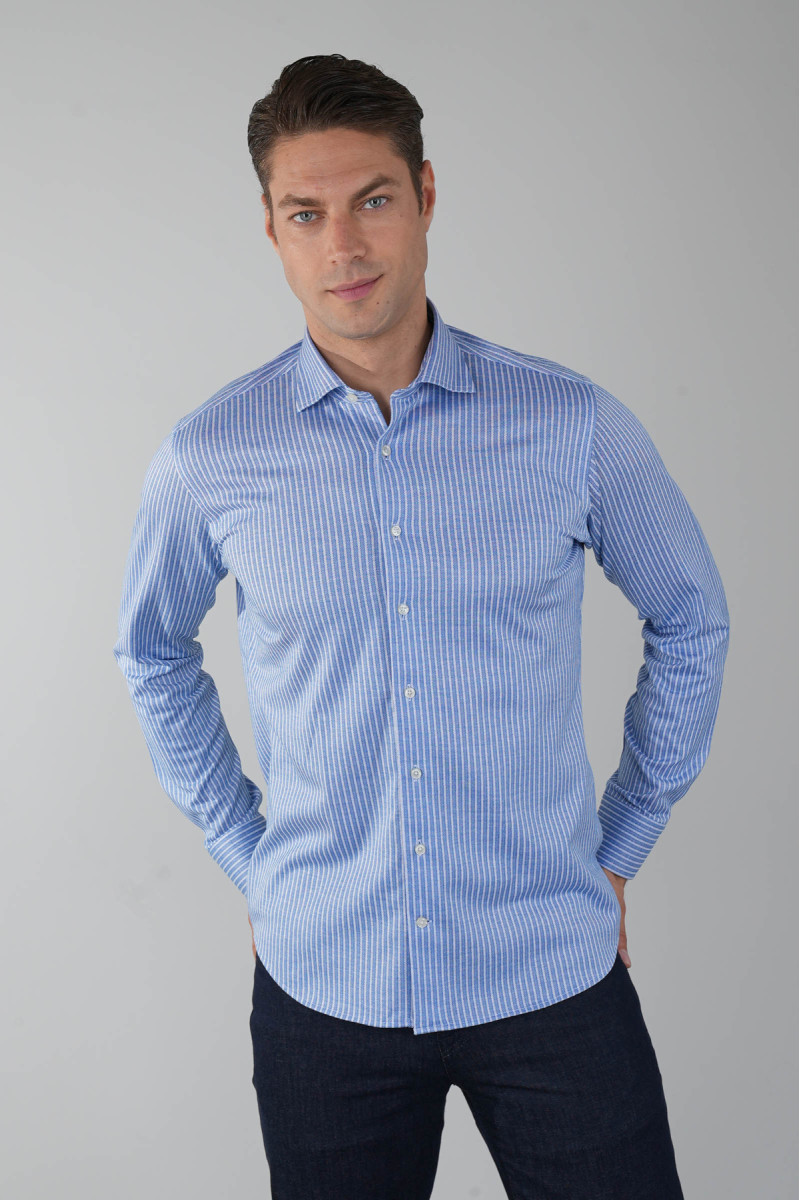 Mavi Uzun Kol İtalyan Yaka Cepsiz Erkek Gömlek   - 1