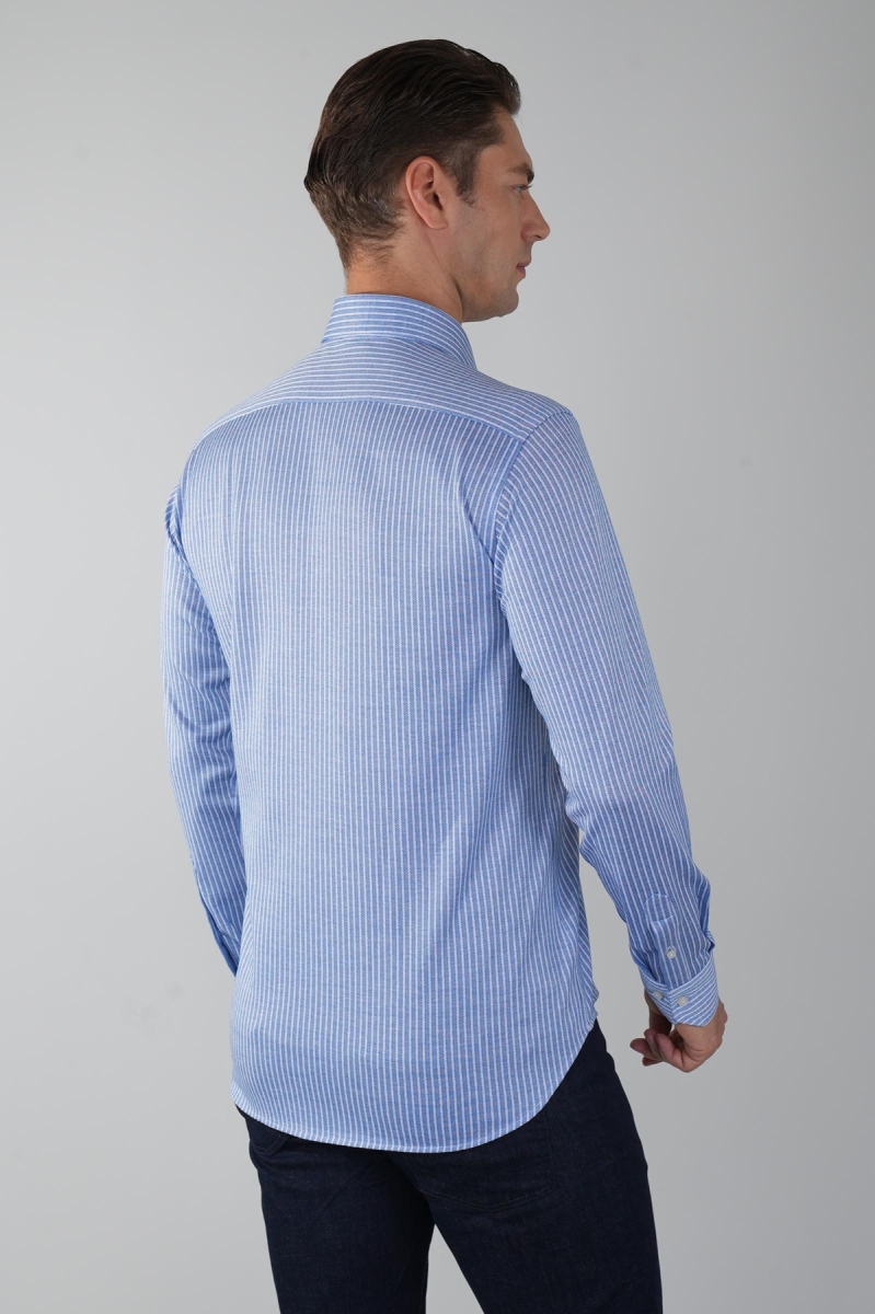 Mavi Uzun Kol İtalyan Yaka Cepsiz Erkek Gömlek   - 2