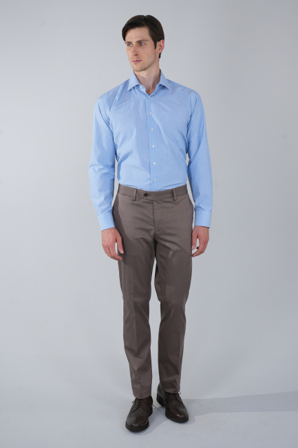 Mavi Uzun Kol Klasik A Yaka Cepsiz Erkek Gömlek   - 5