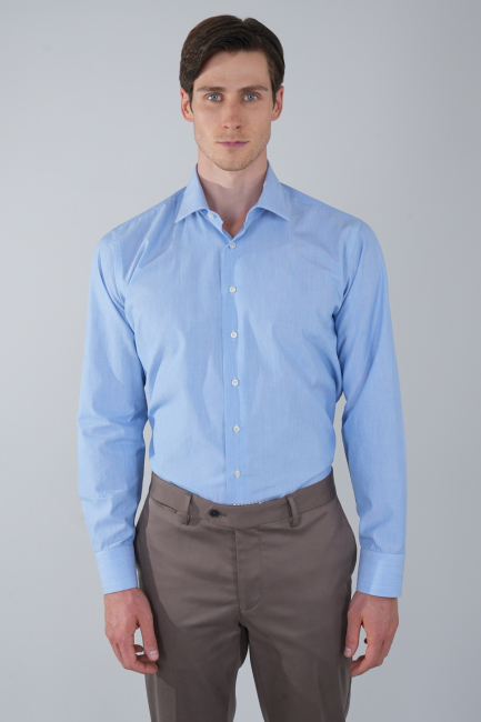 Mavi Uzun Kol Klasik A Yaka Cepsiz Erkek Gömlek   - 1