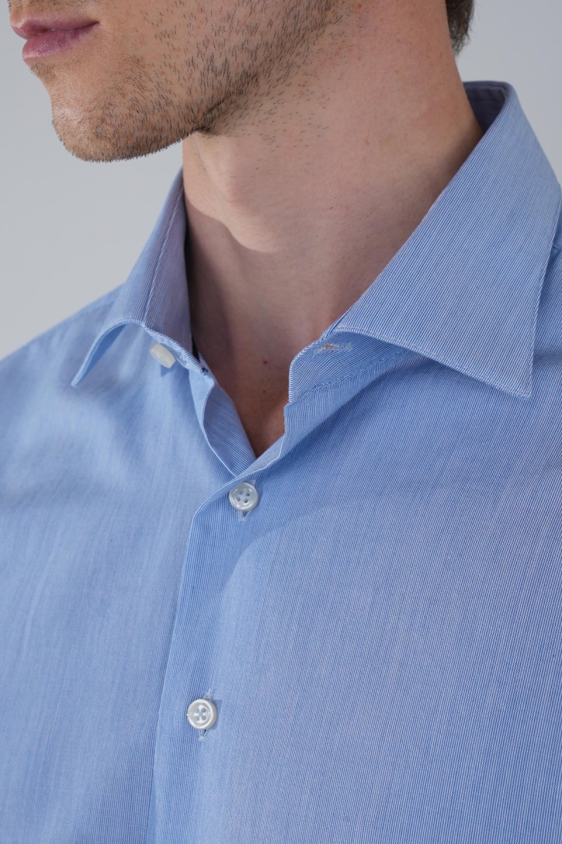 Mavi Uzun Kol Klasik A Yaka Cepsiz Erkek Gömlek   - 3