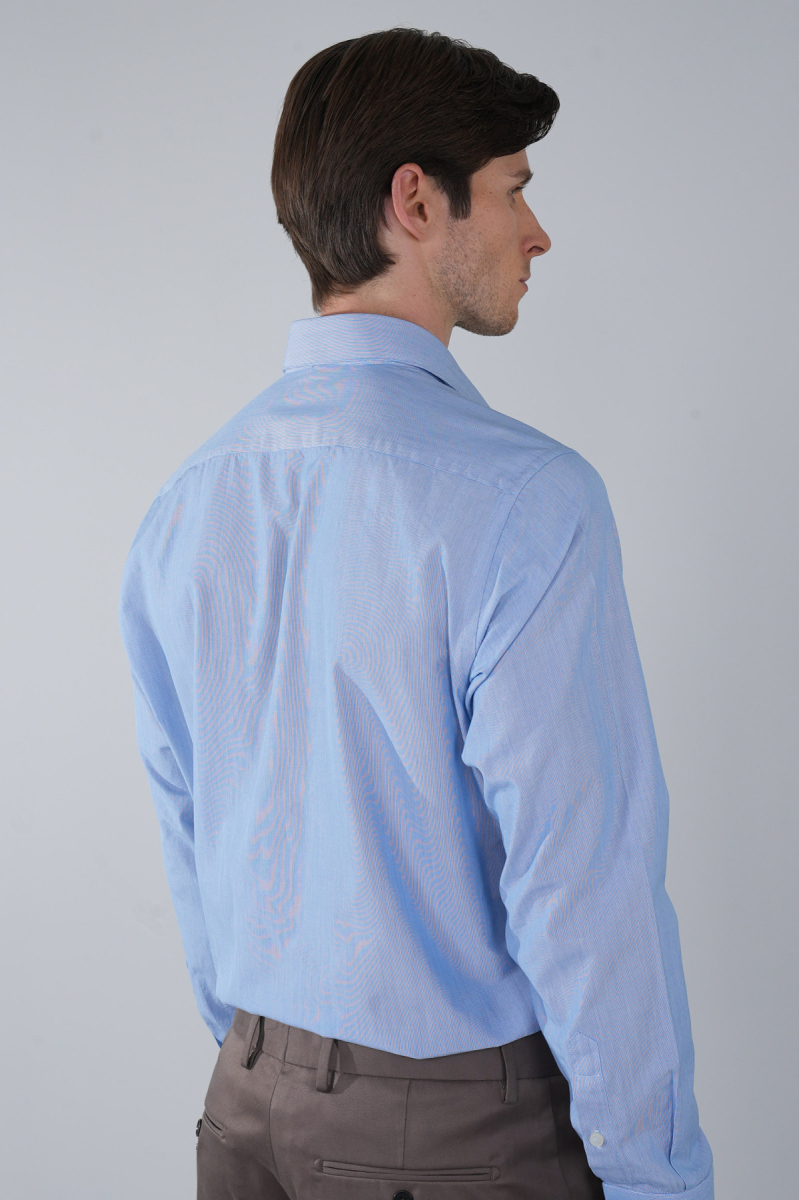 Mavi Uzun Kol Klasik A Yaka Cepsiz Erkek Gömlek   - 2