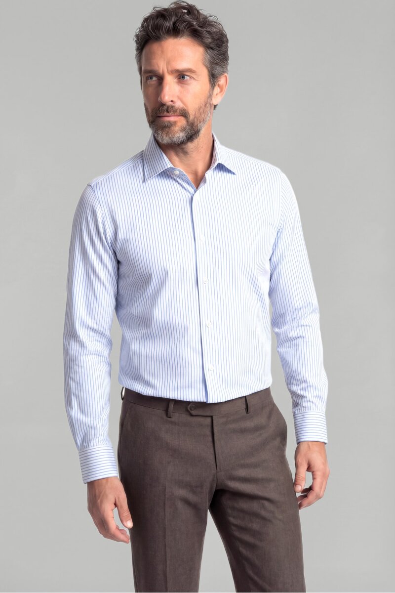 Mavi Uzun Kol Klasik D Yaka Cepsiz Erkek Gömlek   - 1