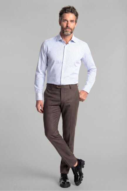 Mavi Uzun Kol Klasik D Yaka Cepsiz Erkek Gömlek   - 4