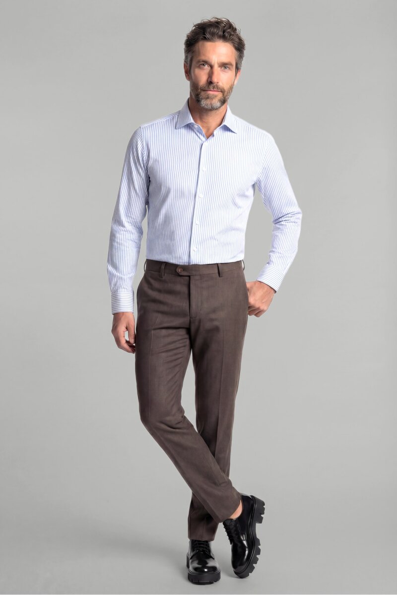 Mavi Uzun Kol Klasik D Yaka Cepsiz Erkek Gömlek   - 4