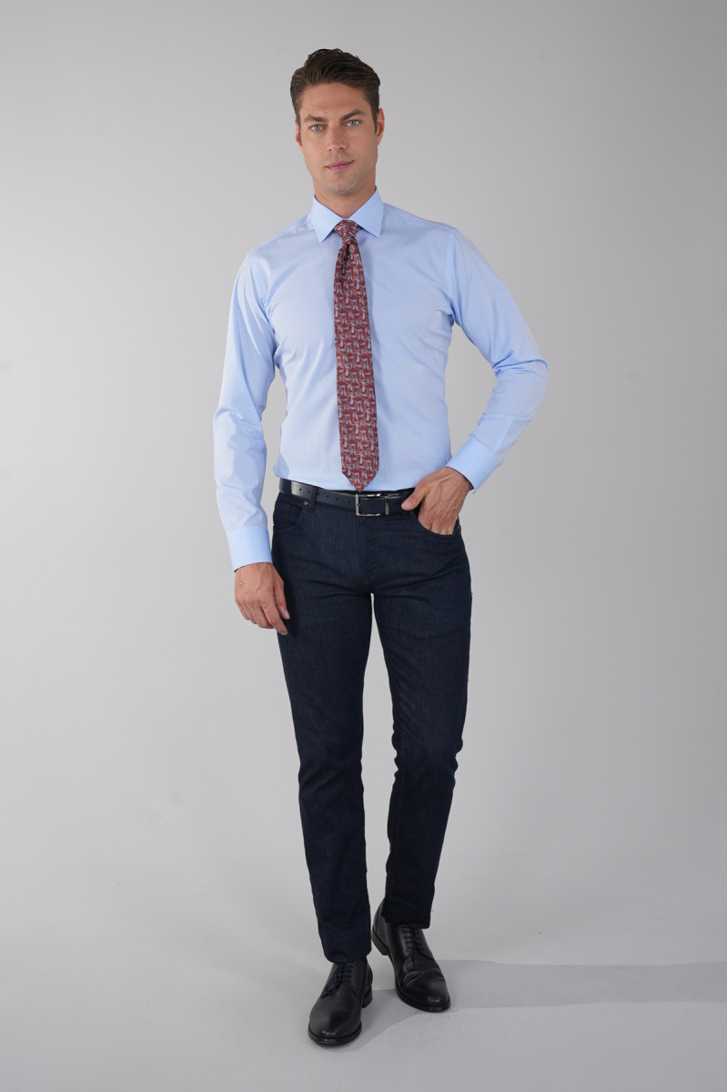 Mavi Uzun Kol Klasik  Yaka Cepsiz Basic Erkek Gömlek   - 5