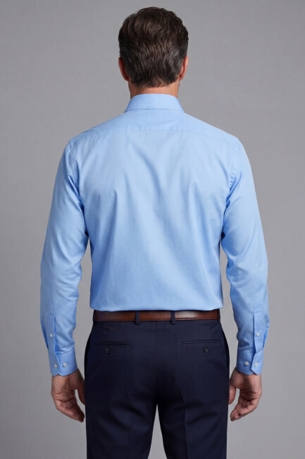 Mavi Uzun Kol Klasik Yaka Cepsiz Erkek Gömlek   - 2