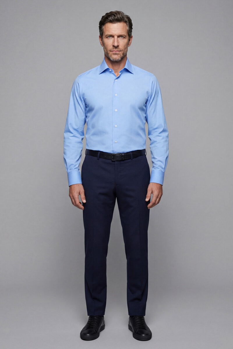 Mavi Uzun Kol Klasik Yaka Cepsiz Erkek Gömlek   - 4