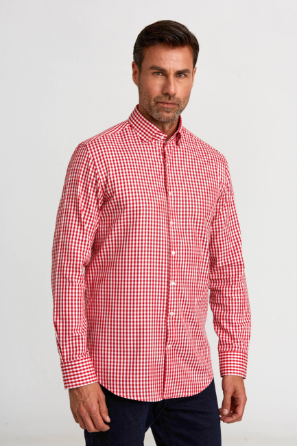 Modern Fit Gizli Düğme Yakalı Kırmızı Spor Erkek Gömlek - 5