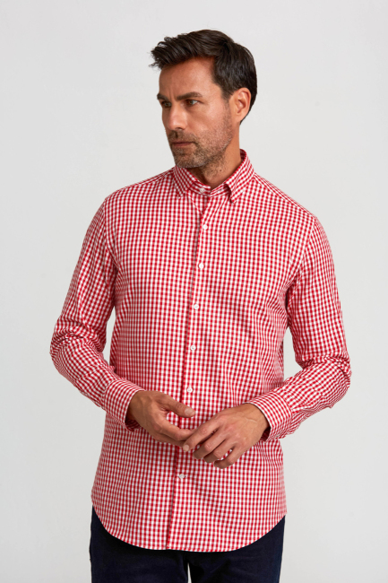 Modern Fit Gizli Düğme Yakalı Kırmızı Spor Erkek Gömlek - 1
