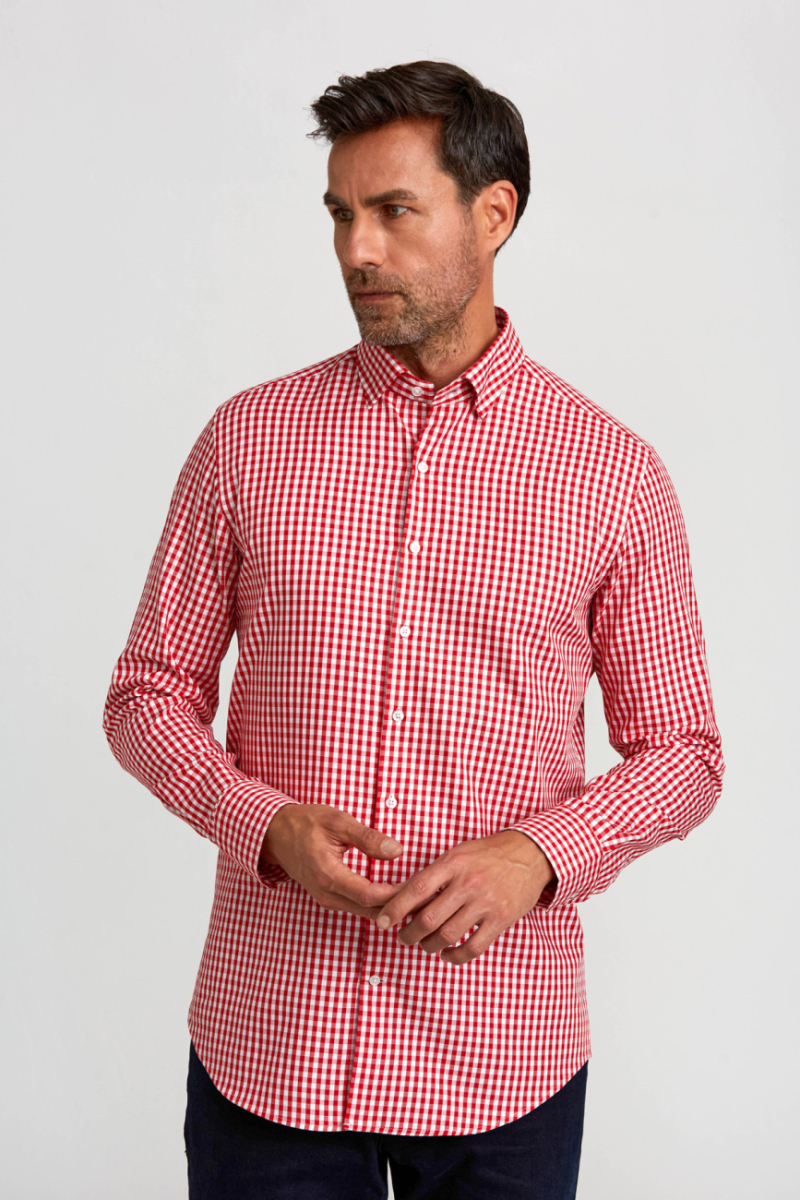 Modern Fit Gizli Düğme Yakalı Kırmızı Spor Erkek Gömlek - 1