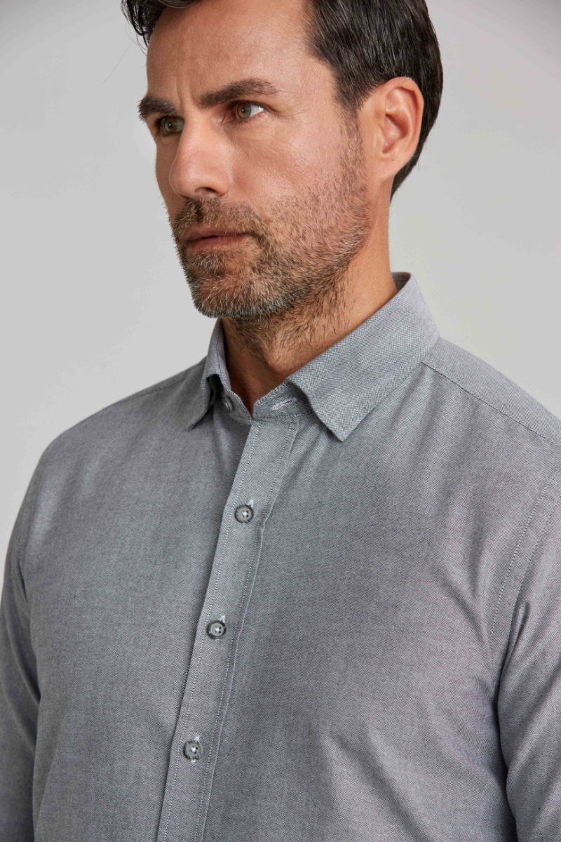 Modern Fit Gizli Düğmeli Gri Spor Erkek Gömlek - 5