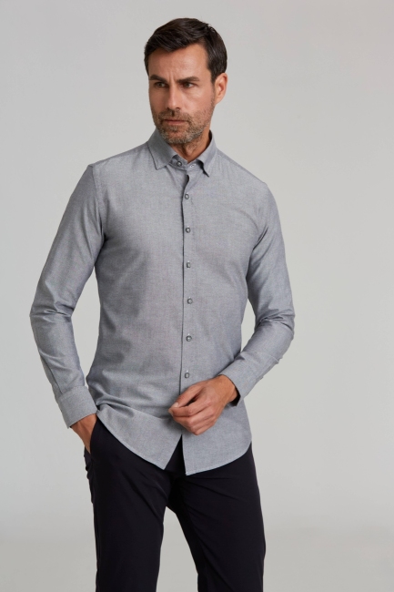 Modern Fit Gizli Düğmeli Gri Spor Erkek Gömlek - 4