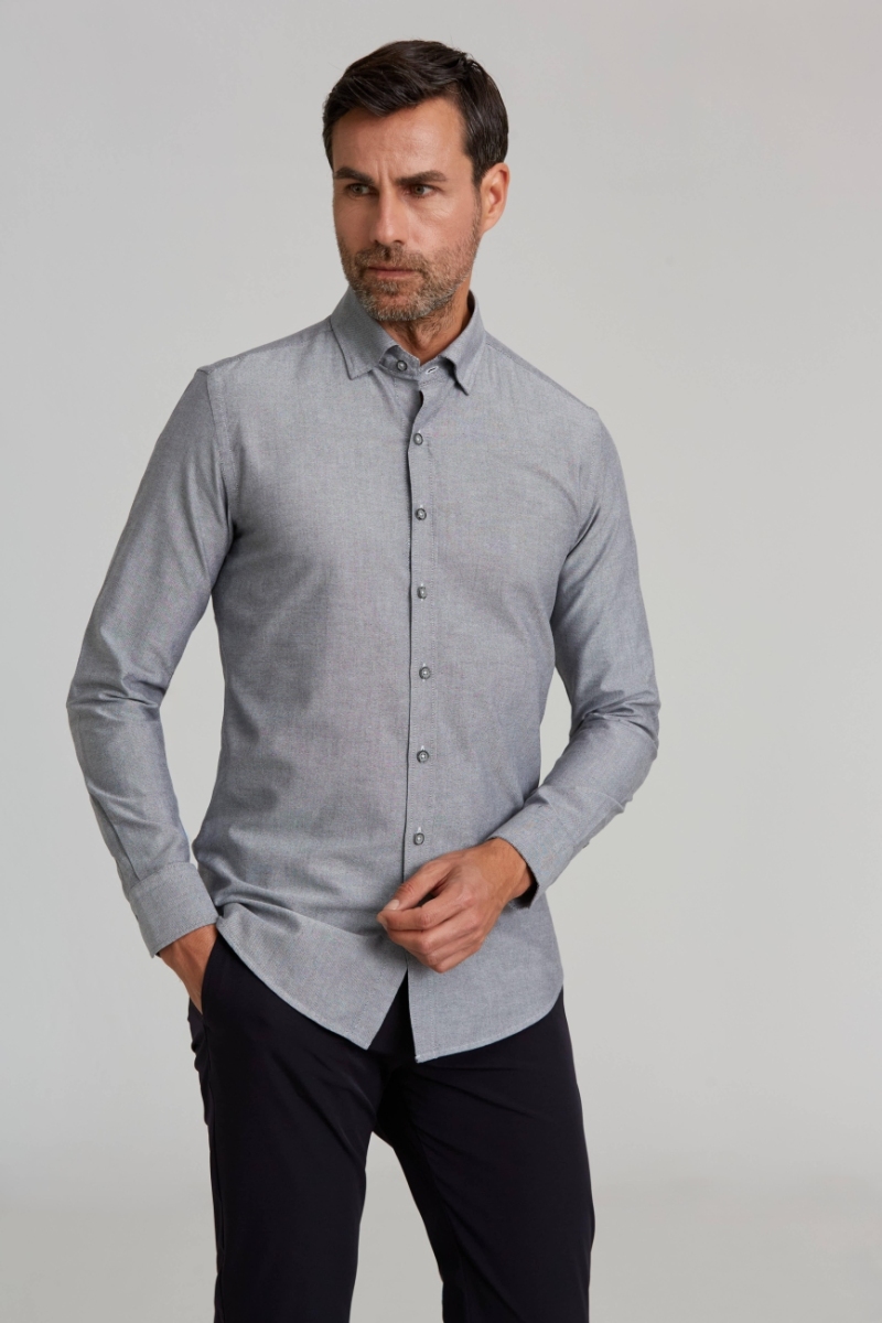 Modern Fit Gizli Düğmeli Gri Spor Erkek Gömlek - 4