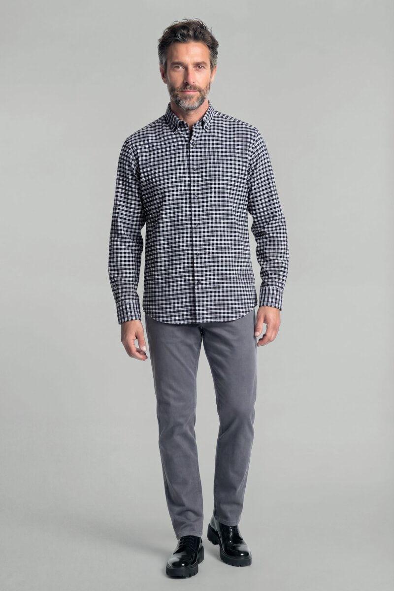 Modern Fit İtalyan Yaka Düğmeli Ekose Kışlık Pamuk Lacivert Erkek Gömlek - 3