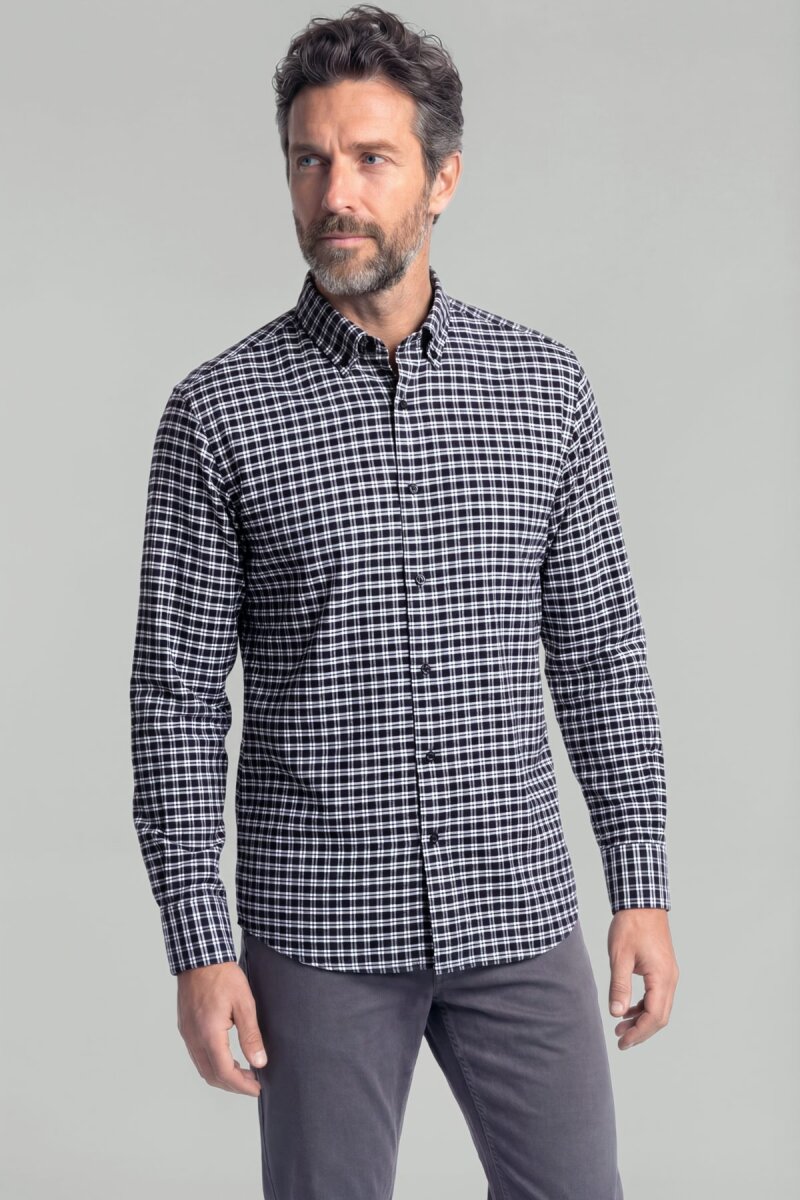 Modern Fit İtalyan Yaka Düğmeli Ekose Kışlık Pamuk Lacivert Erkek Gömlek - 1