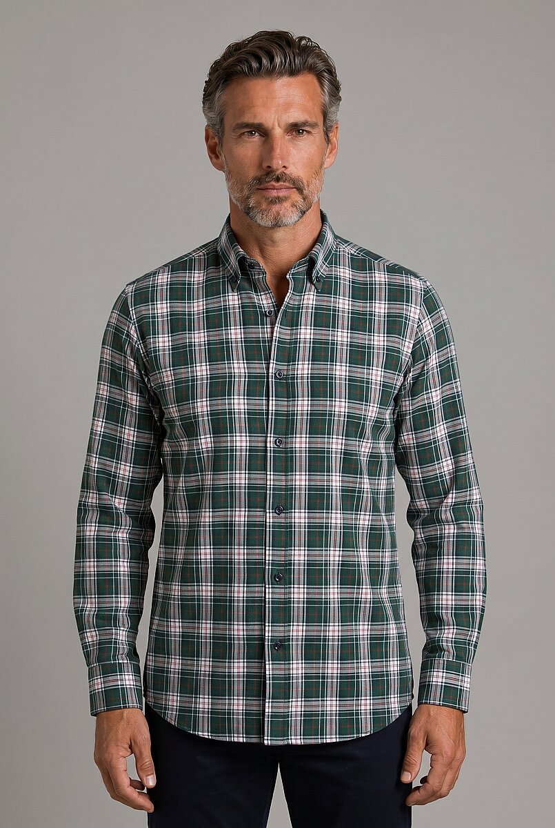 Yeşil Modern Fit Pamuk Düğmeli İtalyan Yaka Ekose Kış Grubulık Gömlek
