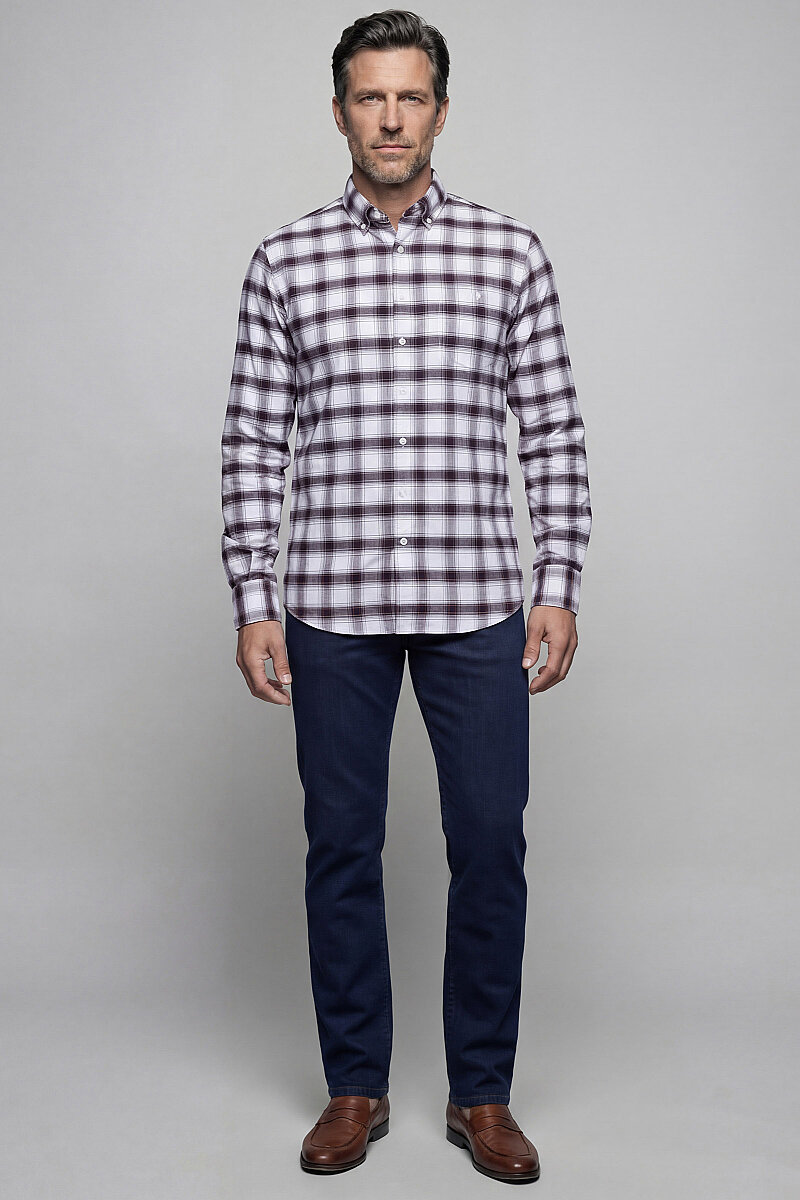 Modern Fit İtalyan Yaka Tek Cep Düğmeli Ekose Kışlık Pamuk Bordo Erkek Gömlek - 4