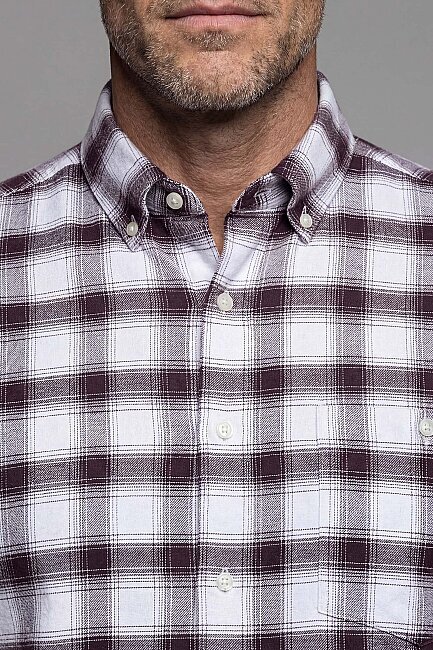 Modern Fit İtalyan Yaka Tek Cep Düğmeli Ekose Kışlık Pamuk Bordo Erkek Gömlek - 3