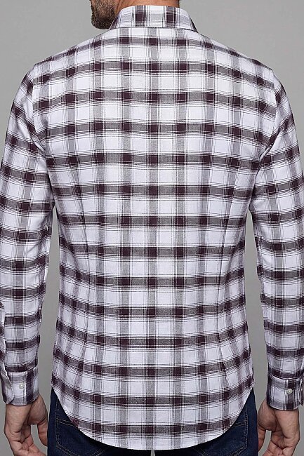 Modern Fit İtalyan Yaka Tek Cep Düğmeli Ekose Kışlık Pamuk Bordo Erkek Gömlek - 2