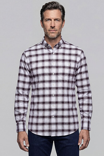 Modern Fit İtalyan Yaka Tek Cep Düğmeli Ekose Kışlık Pamuk Bordo Erkek Gömlek - 1