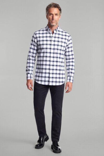 Modern Fit İtalyan Yaka Tek Cep Düğmeli Ekose Kışlık Pamuk Lacivert Erkek Gömlek - 4