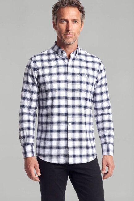 Modern Fit İtalyan Yaka Tek Cep Düğmeli Ekose Kışlık Pamuk Lacivert Erkek Gömlek - 1