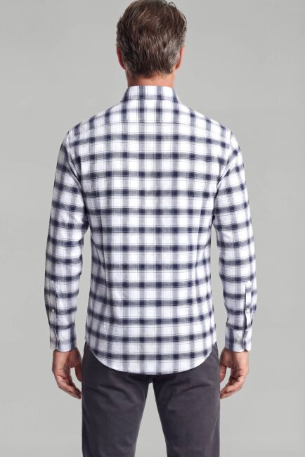 Modern Fit İtalyan Yaka Tek Cep Düğmeli Ekose Kışlık Pamuk Lacivert Erkek Gömlek - 2